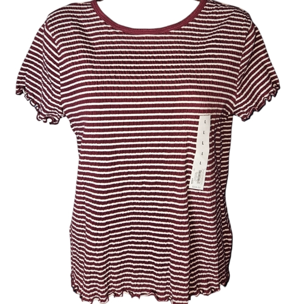 NWT SO Burgundy Horizontal Stripe Short Sleeve Pucker Knit Top